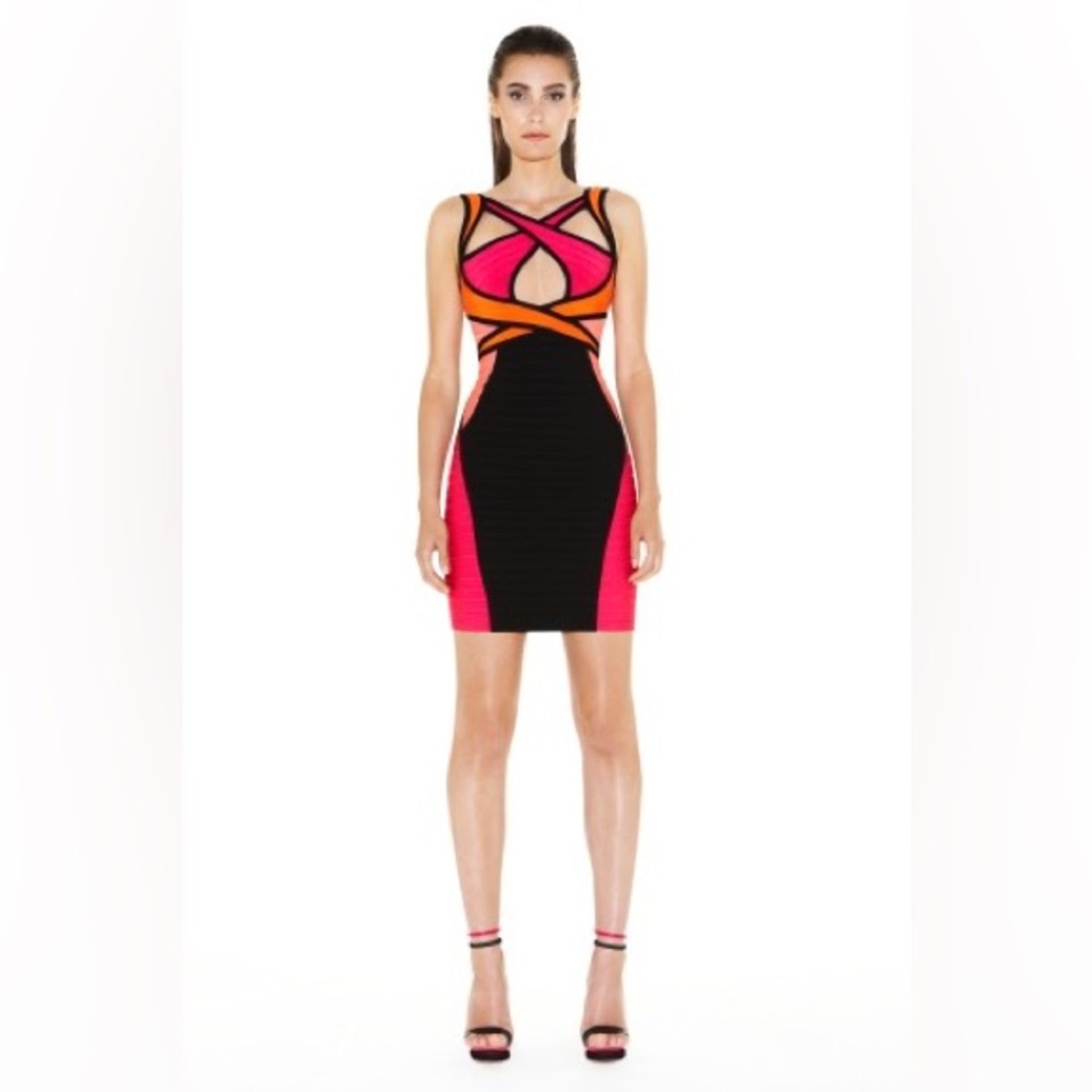 HERVE LEGER GINGER CRISS CROSS COLOR BLOCKED DRESS XS